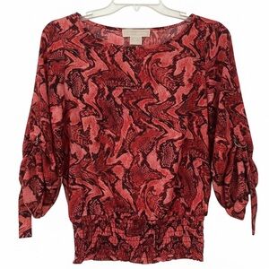 Michael Kors Women Red Coral Brown Animal Print Swirl Blouse Modern Stylish Top